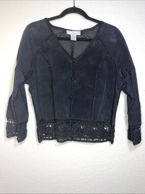 SMH Boutique Whimsigoth Vintage 90s Suede Patchwork Crochet Cardigan Top Black M